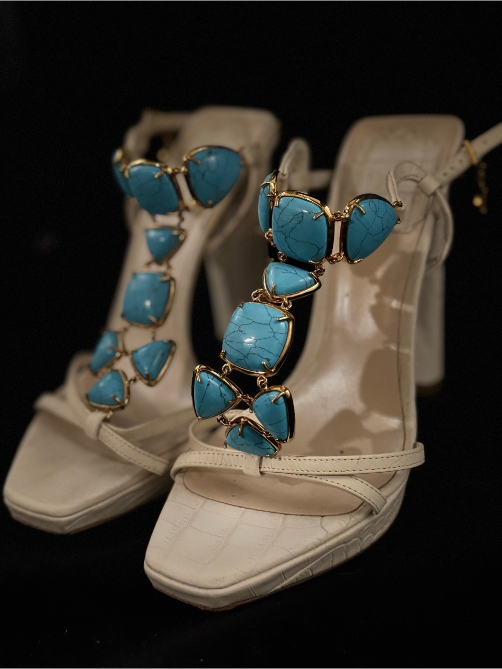 Dior PIEDRA White Alligator/Croc Embossed Sandals with Turquoise Stone Accents